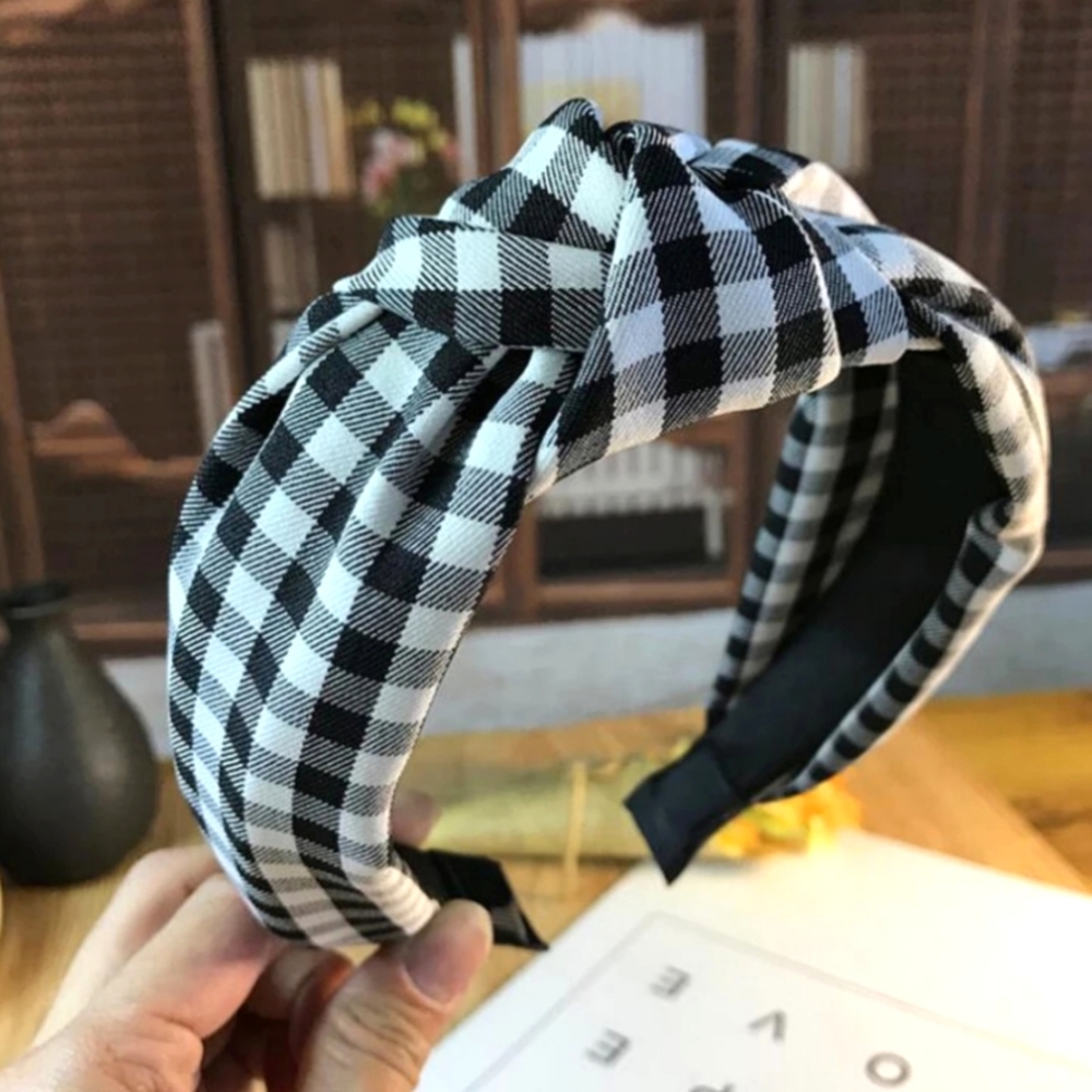 Gingham Plaid Topknot Headband - Black & White